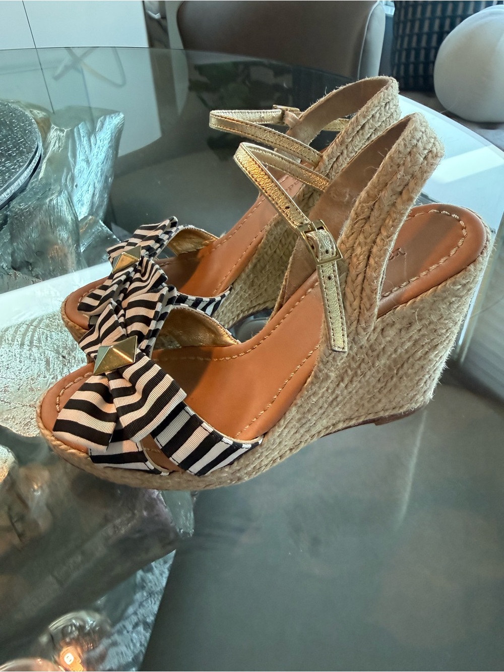 kate spade Black & White Striped Bow Espadrille Wedge Sandals with Gold Studs - Picture 2 of 7